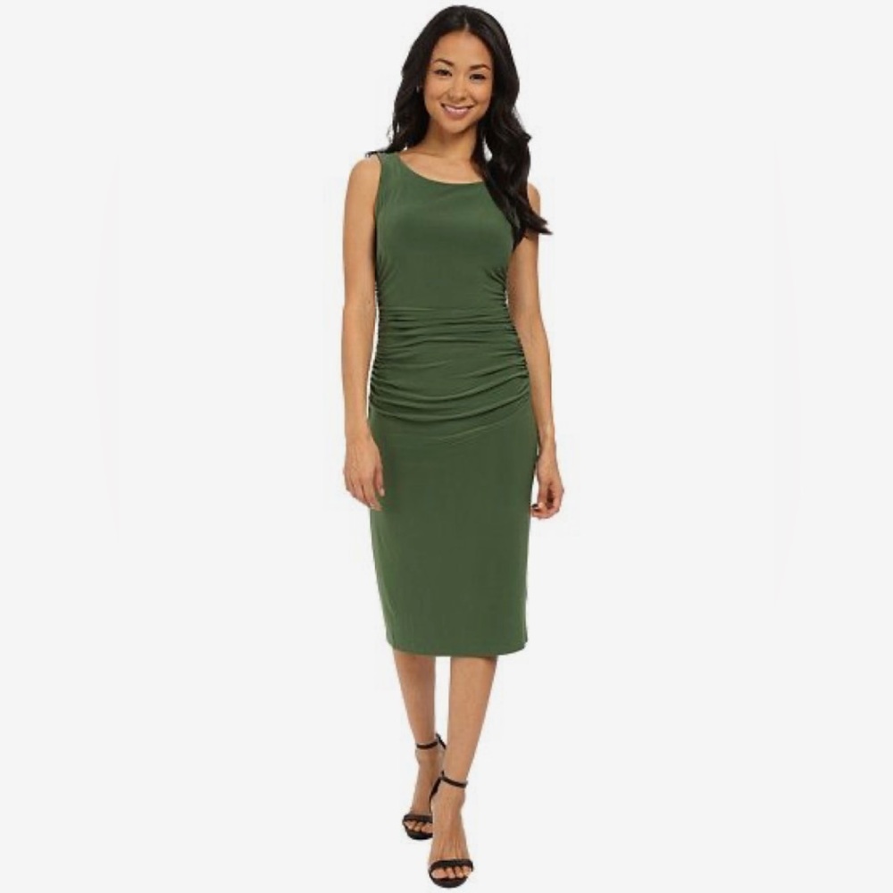 KAMALI KULTURE X NORMA KAMALI BODYCON RUCHED MIDI DRESS OLIVE GREEN SIZE LARGE - Picture 2 of 13